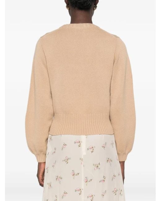 Allude Natural Ribbed-Trim Long-Sleeve Sweater