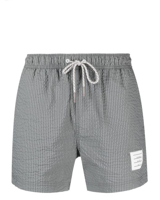 Thom Browne Gray Striped Seersucker-texture Swim Shorts for men