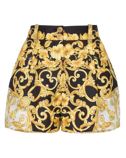 Versace High Waist Shorts Van Zijde Met Barok Print in het Black