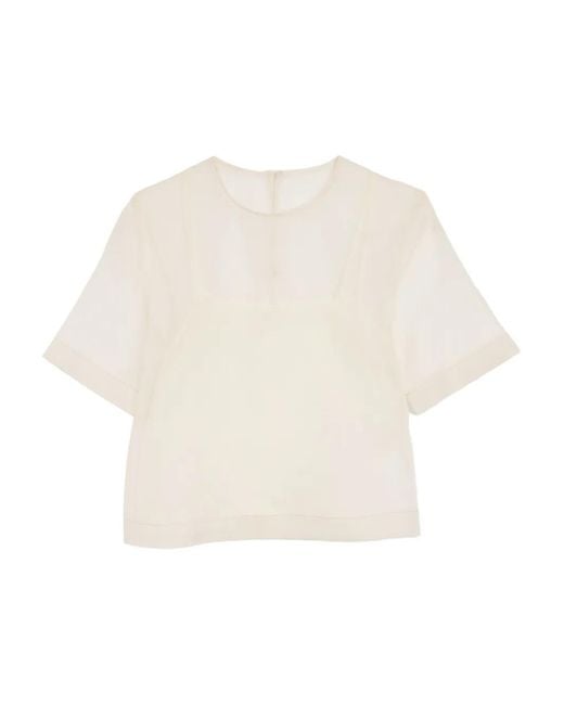 AMI White Silk Short Sleeves Sheer With Undertop Top
