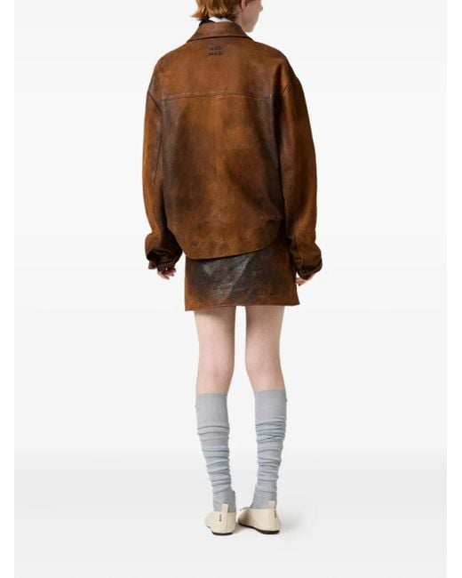 Miu Miu Brown Embossed-Logo Leather Jacket