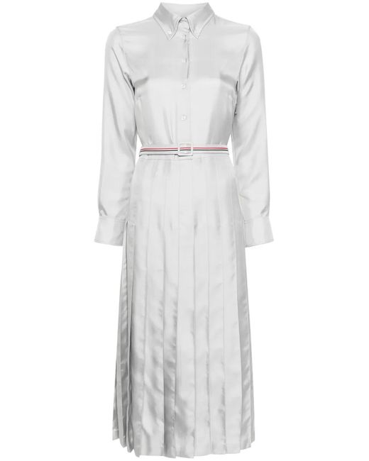 Thom Browne Gray Rwb-Stripe Belted Silk Shirtdress