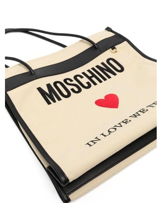 Moschino Natural Embroidered Logo Canvas Tote Bag