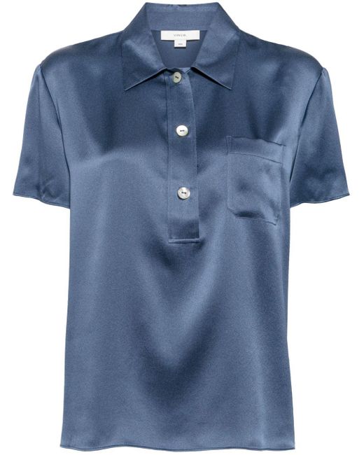 Vince Blue Kurzärmeliges Seidensatin-Poloshirt