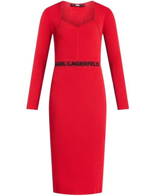 Karl Lagerfeld Red Ribbed Logo-waistband Midi Dress