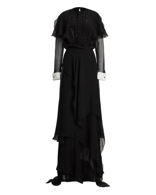 Ralph Lauren Black Beaded-Pleated Silk Maxi Gown