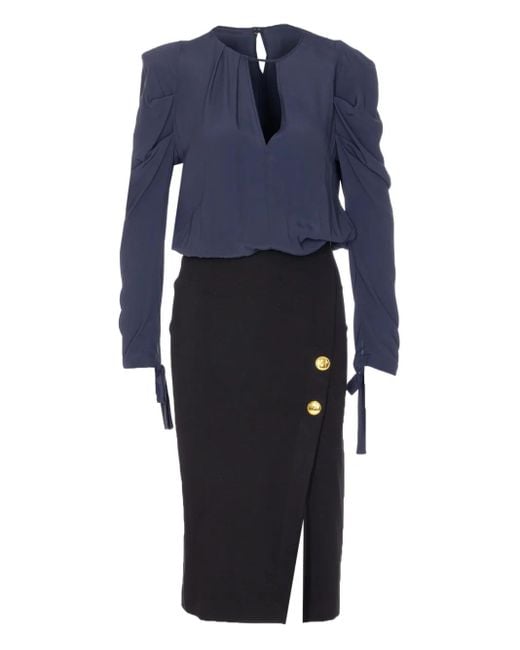 Pinko Blue Puff-Sleeve Button-Detail Midi Dress