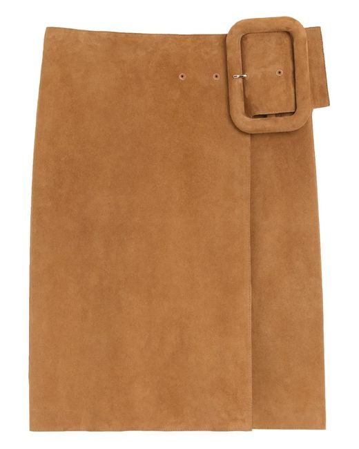 AMI Brown Goat Leather Big Buckle Belted Midi Skirt