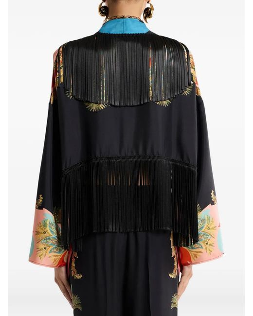 Etro Black Silk Jacket With Fringing And Placed Print