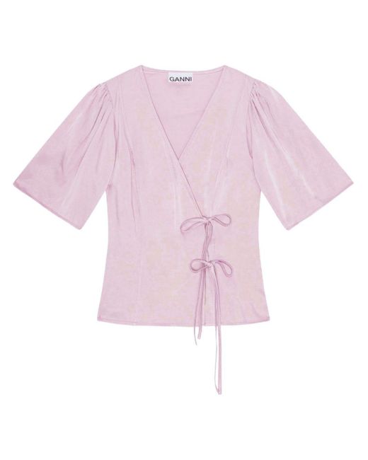 Blusa cruzada con cuello en V Ganni de color Pink