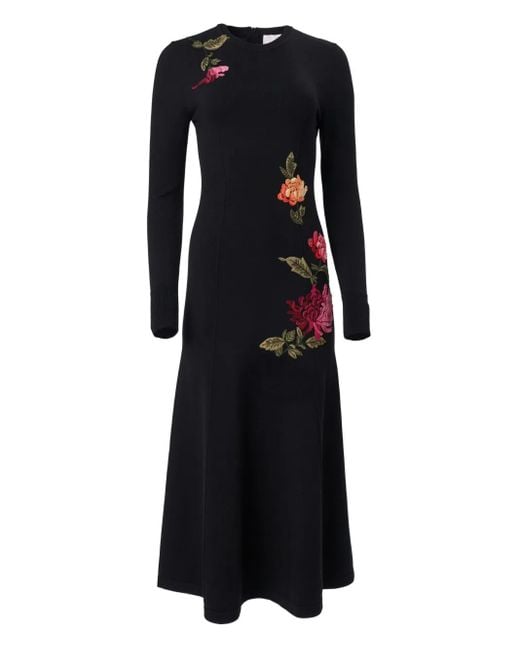 Carolina Herrera Black Floral Embroidered Long-Sleeve Midi Dress