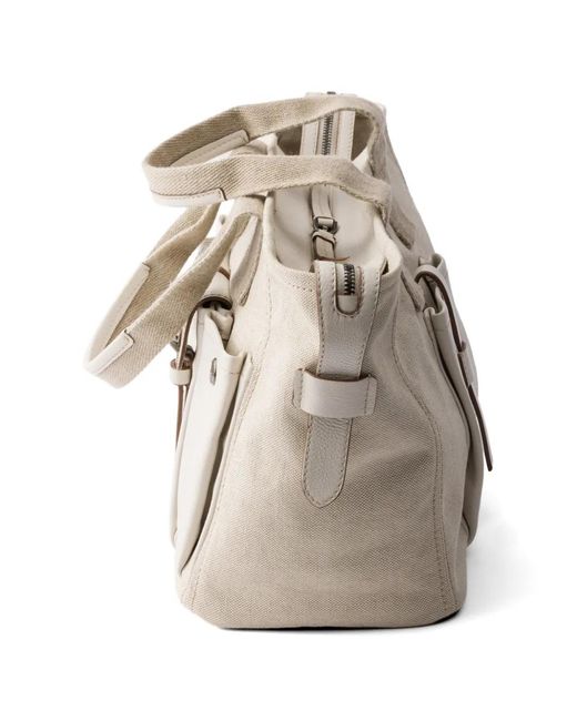 Prada Natural Route Large Canvas And Leather Tote Bag