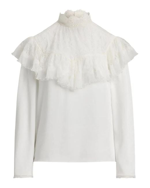 Ralph Lauren White Lace-Insert Ruffled Blouse