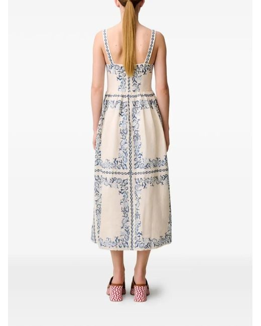 Robe Mi-Longue En Lin À Fleurs Claudie Pierlot en coloris White