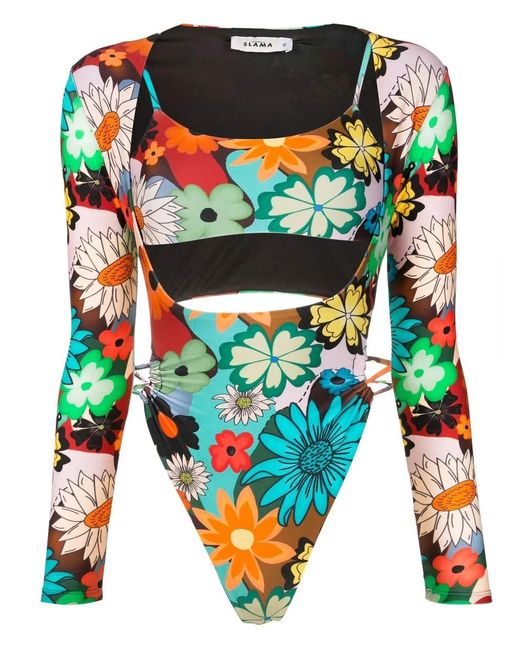 Amir Slama Blue Floral-Print Cut-Out Swimsuit
