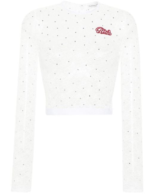 Alessandra Rich White Long-Sleeve Lace T-Shirt