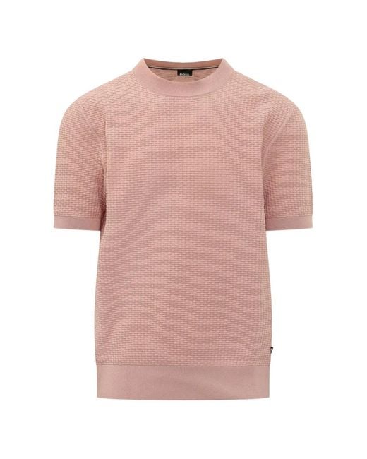 Boss Pink Basket-Weave Short-Sleeve Sweater for men