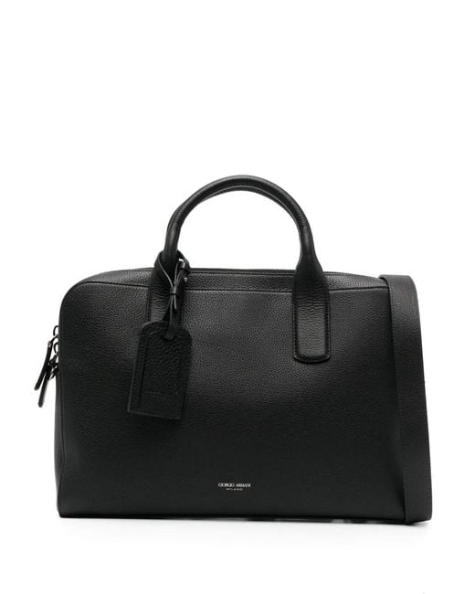 Giorgio Armani Black Logo-Stamp Leather Laptop Bag for men