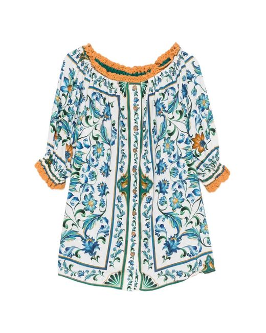 Farm Rio Blue Flora Tile Floral-Print Crochet-Trim Mini Dress