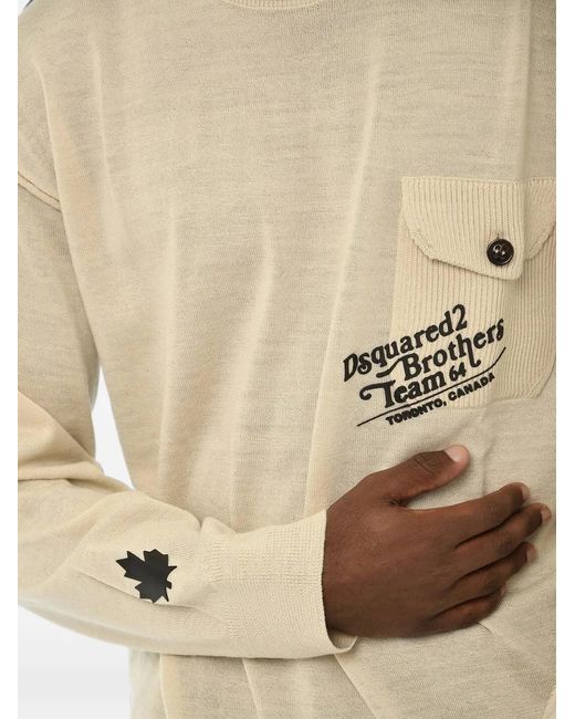DSquared² Natural Virgin Wool Crewneck Sweater With Print for men