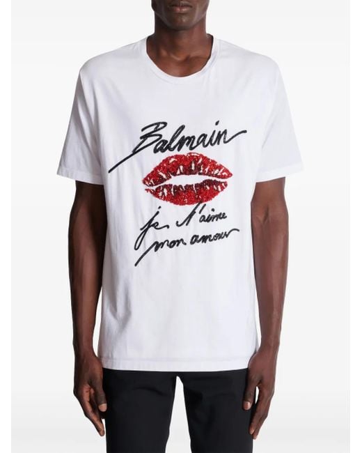 Balmain White Embroidered Lips Graphic T-Shirt for men