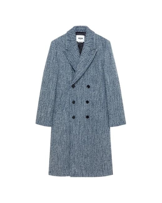 MSGM Blue Double-Breasted Marl-Effect Coat for men
