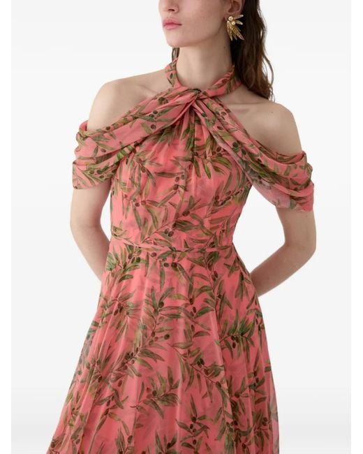 Carolina Herrera White Branch-Print Halterneck Midi Dress