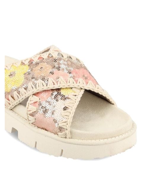 Mou Natural Sequin-Embellished Flat Sandals