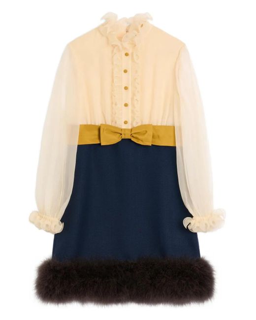 Valentino Garavani Blue Ruffled Neck Long-Sleeve Dress