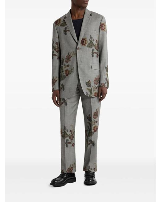 Etro Gray Floral-Printed Pleated Trousers for men