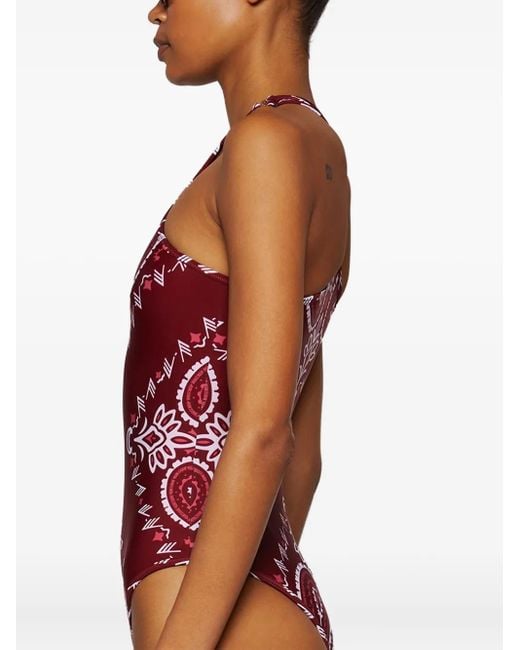 The Attico Red Bandana-Print Halterneck Swimsuit