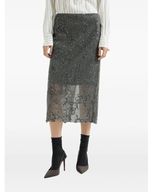 Brunello Cucinelli Gray Dazzling Lace-Embroidery Pencil Skirt