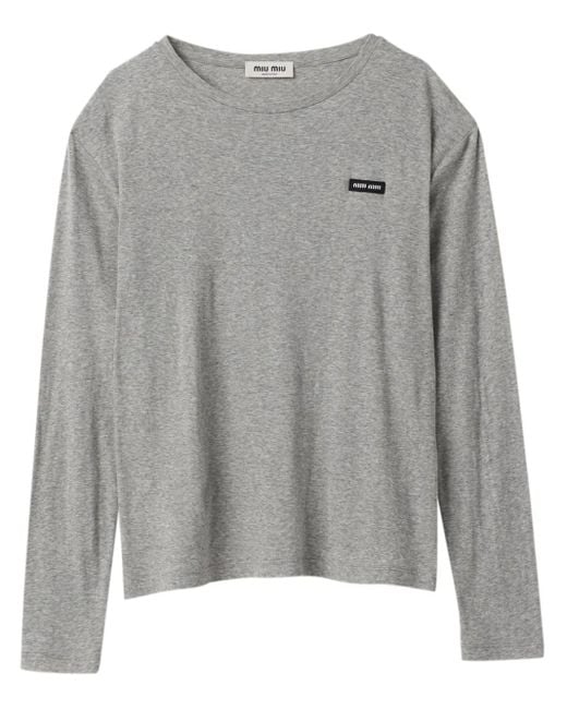 Miu Miu Gray Logo-Patch Long-Sleeve T-Shirt