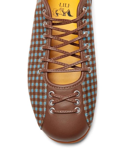 LILI CURIA Brown Isolde Ghillie Lace-Up Checked Ballerina