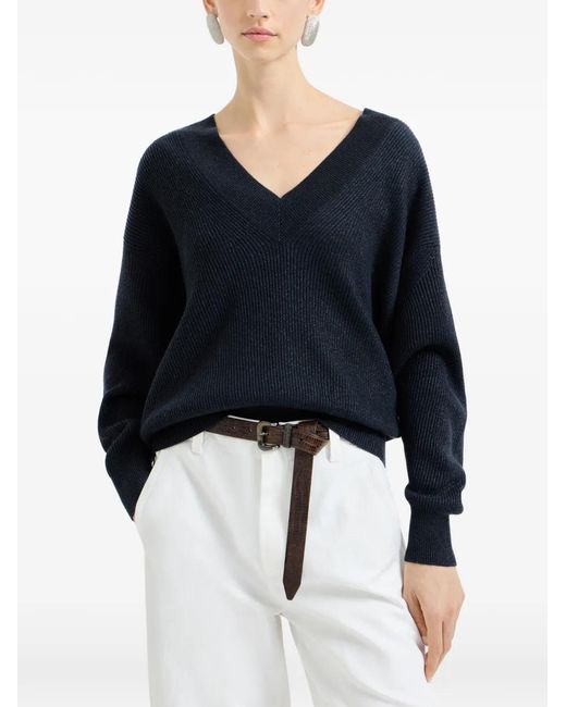 Brunello Cucinelli Blue Sparkling-Detail Ribbed V-Neck Sweater