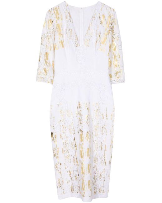 Costarellos White Foil-print V-neck Linen Dress