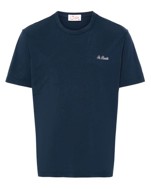 Mc2 Saint Barth Blue Logo-embroidered Cotton T-shirt for men