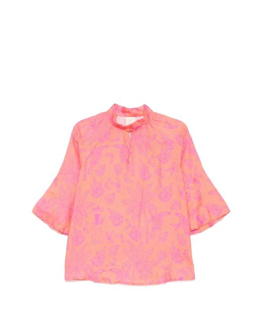 Nimo With Love Pink Tropical-Print Ruffled Blouse