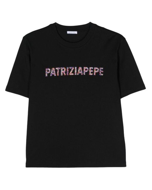 Patrizia Pepe Black Strass Logo T-Shirt