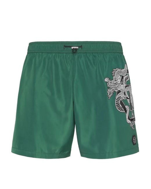 メンズ Philipp Plein ドラゴンプリント トランクス水着 Green