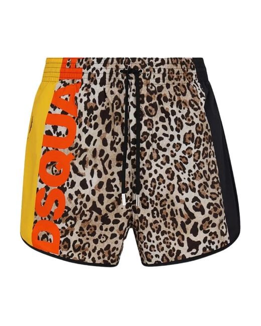 DSquared² Brown Logo Leopard-Print Swim Shorts for men