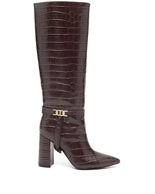 Twinset Brown Croc-Embossed Knee-High Leather Boots