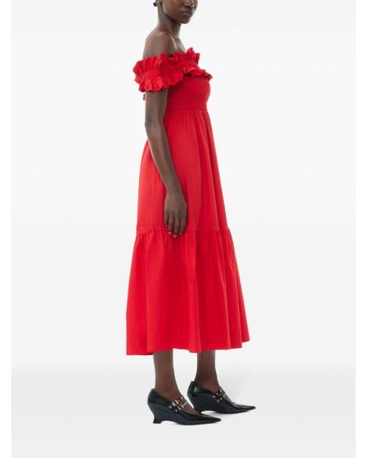 Ganni Popeline Midi-jurk Met Ruches in het Red
