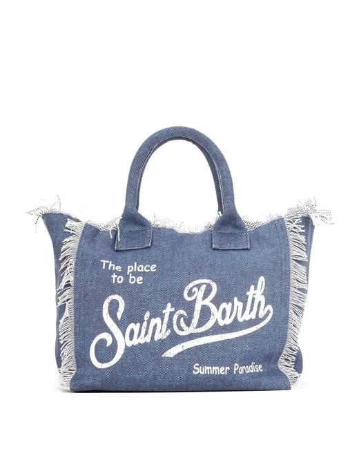 Mc2 Saint Barth Blue Fringed Logo-Print Tote Bag