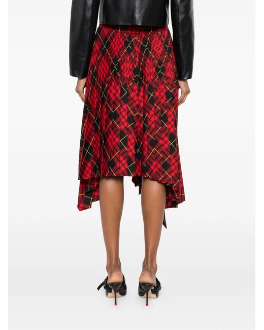 McQueen Red Check-Pattern Asymmetric Skirt