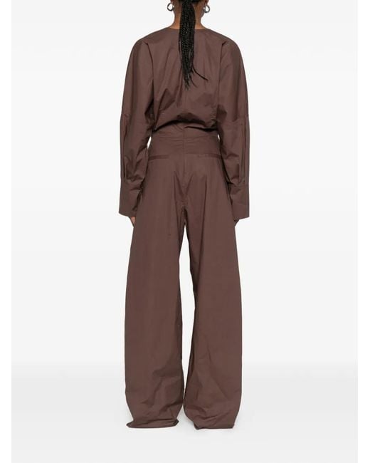 Thelatest Brown V-Neck Long-Sleeve Jumpsuit