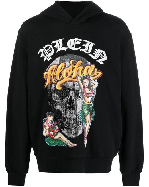 Philipp Plein Black Hawaii Graphic-Print Hoodie for men