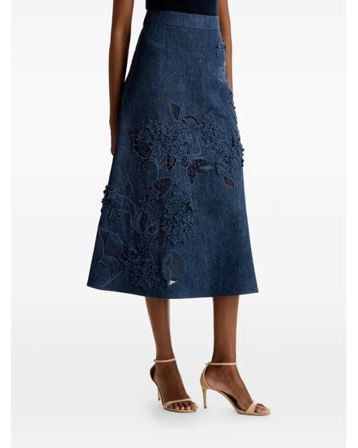 Oscar de la Renta Blue Porcelain-Flower Cutout-Detail Midi Skirt