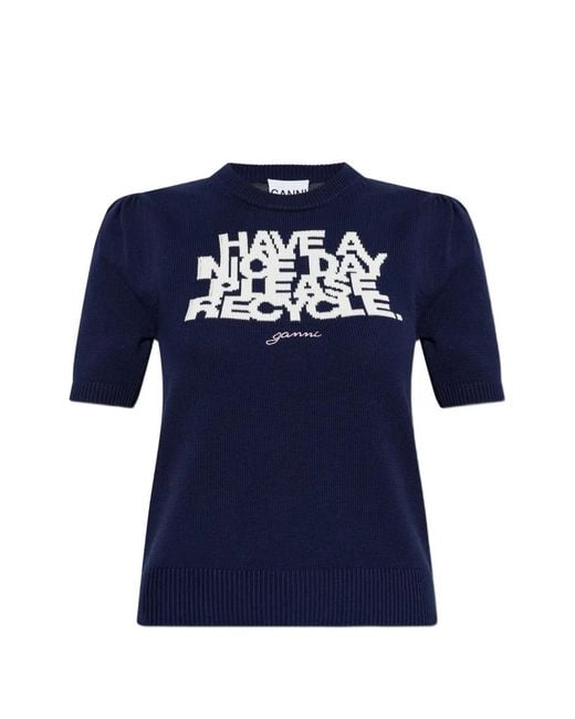 Ganni Blue Slogan-Print Puff-Sleeve T-Shirt