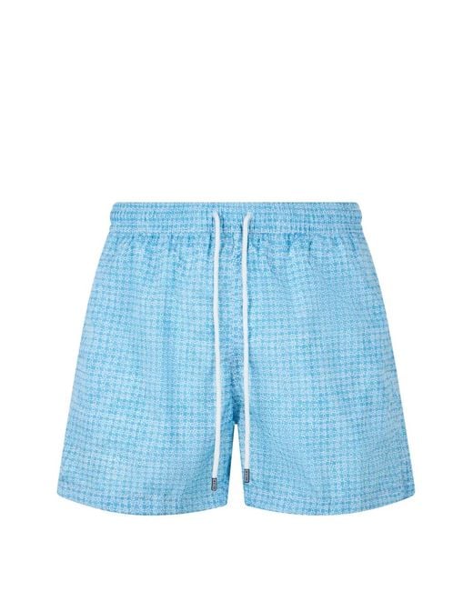 Fedeli Blue Geometric-Print Drawstring Swim Shorts for men